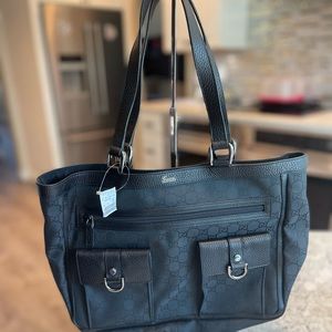 NWT Vintage Gucci Abbey Pocket Medium Gg Denim Black Tote